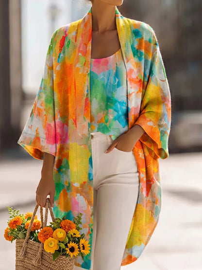 Set due pezzi composto da cardigan e gilet in cotone-lino con stampa artistica ad acquerello 💚🥰