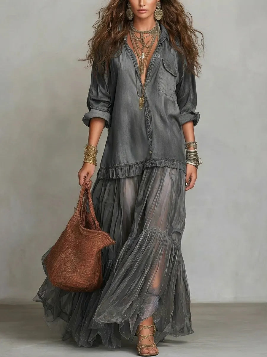 Abito lungo casual da donna in denim e organza con revers retrò e dettagli patchwork