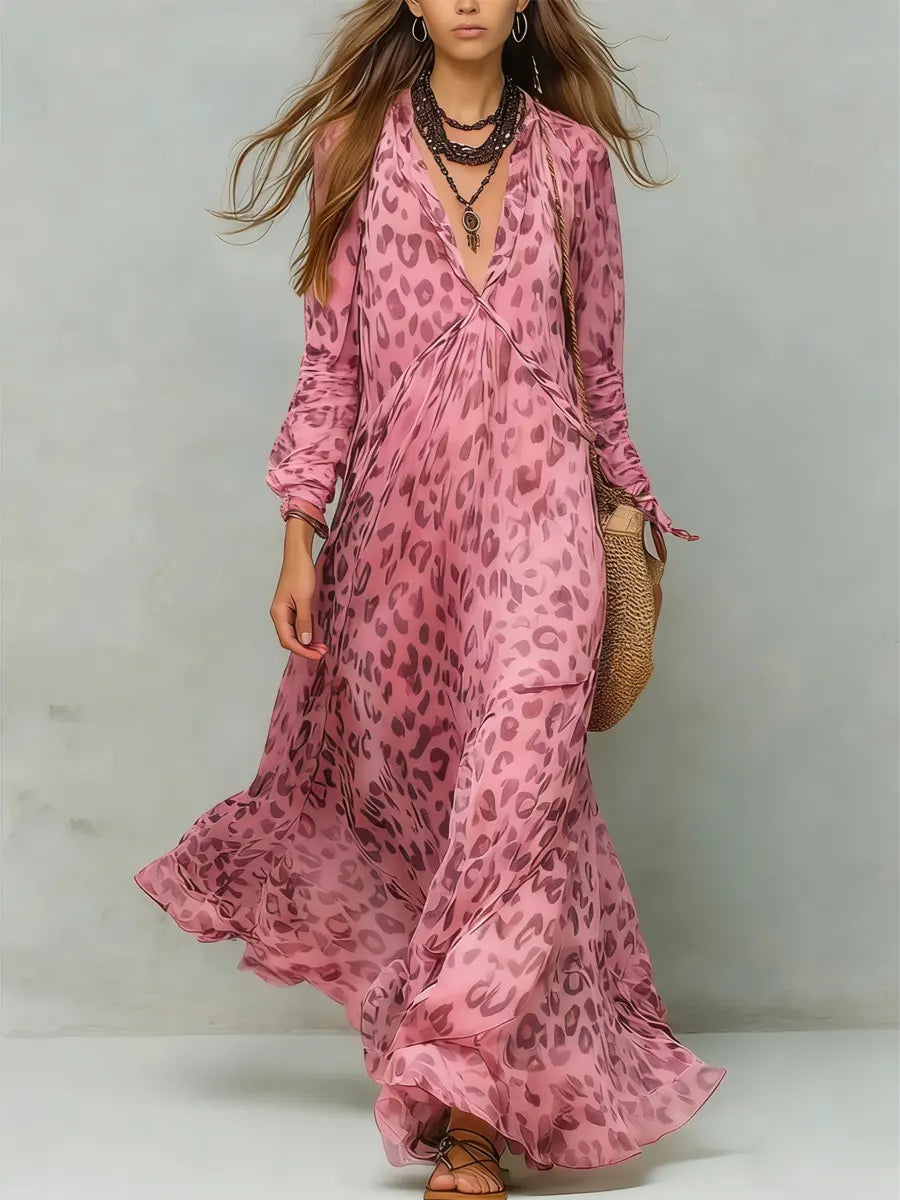 Abito lungo casual ed elegante con stampa artistica a motivo leopardato retrò