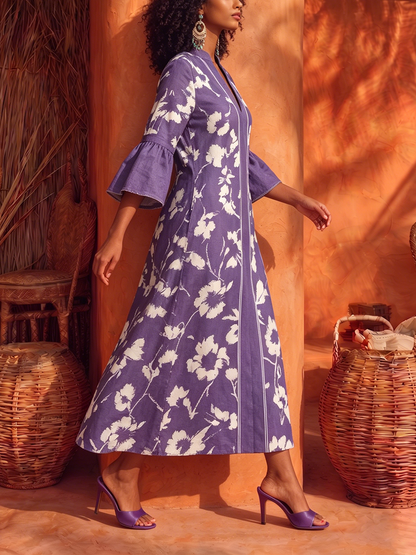 Elegante abito da vacanza in misto cotone e lino con stampa floreale
