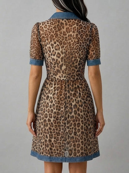 Elegante abito casual in chiffon con stampa leopardata e patchwork di denim