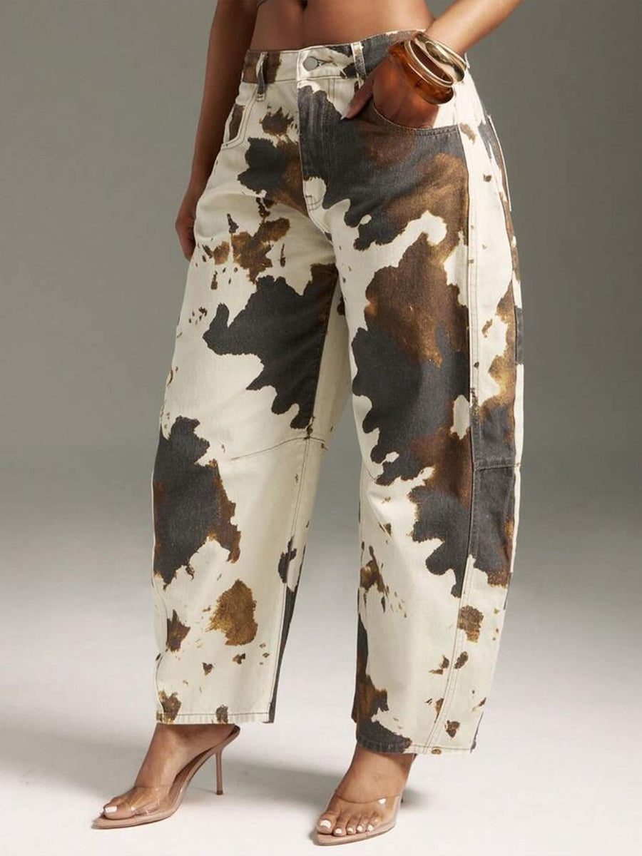 Jeans casual in cotone con stampa a mucca