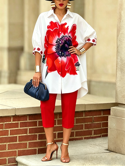 Coordinato Barcelona con stampa fiorata - Camicia + pantalone elastico
