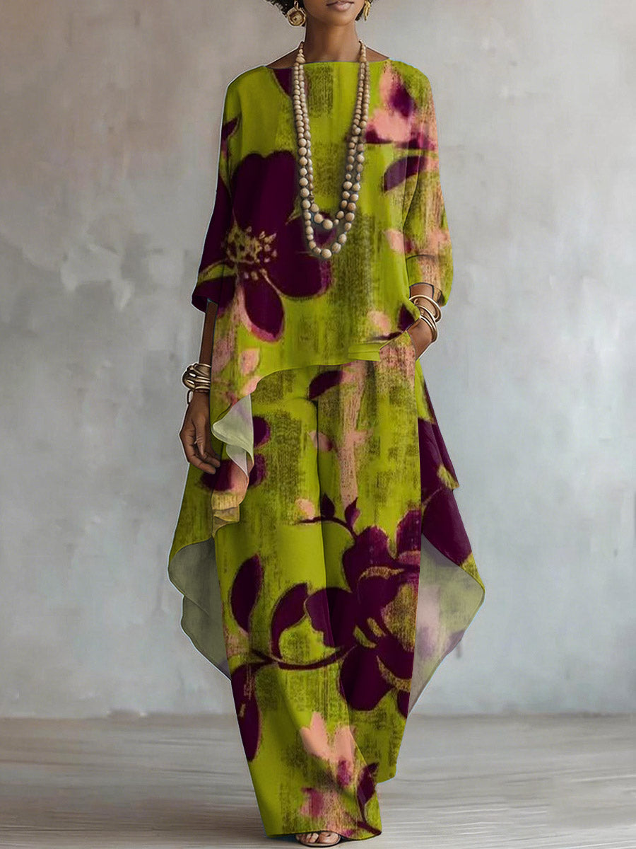 Completo casual ed elegante con stampa floreale retrò, maniche a 3/4, in cotone e lino.