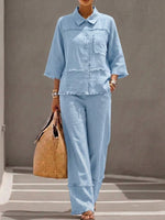 Set casual a due pezzi composto da camicia e pantaloni in lino e cotone con orlo sfrangiato