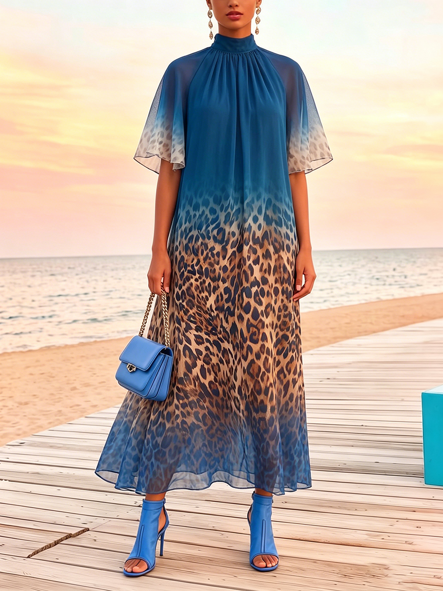 Abito da festa blu con stampa leopardata