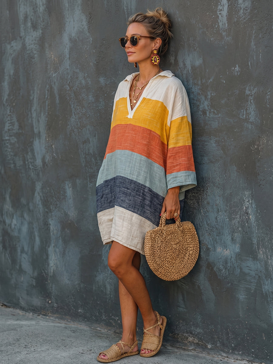 Comodo mini abito a righe colorate con colletto polo in cotone e lino