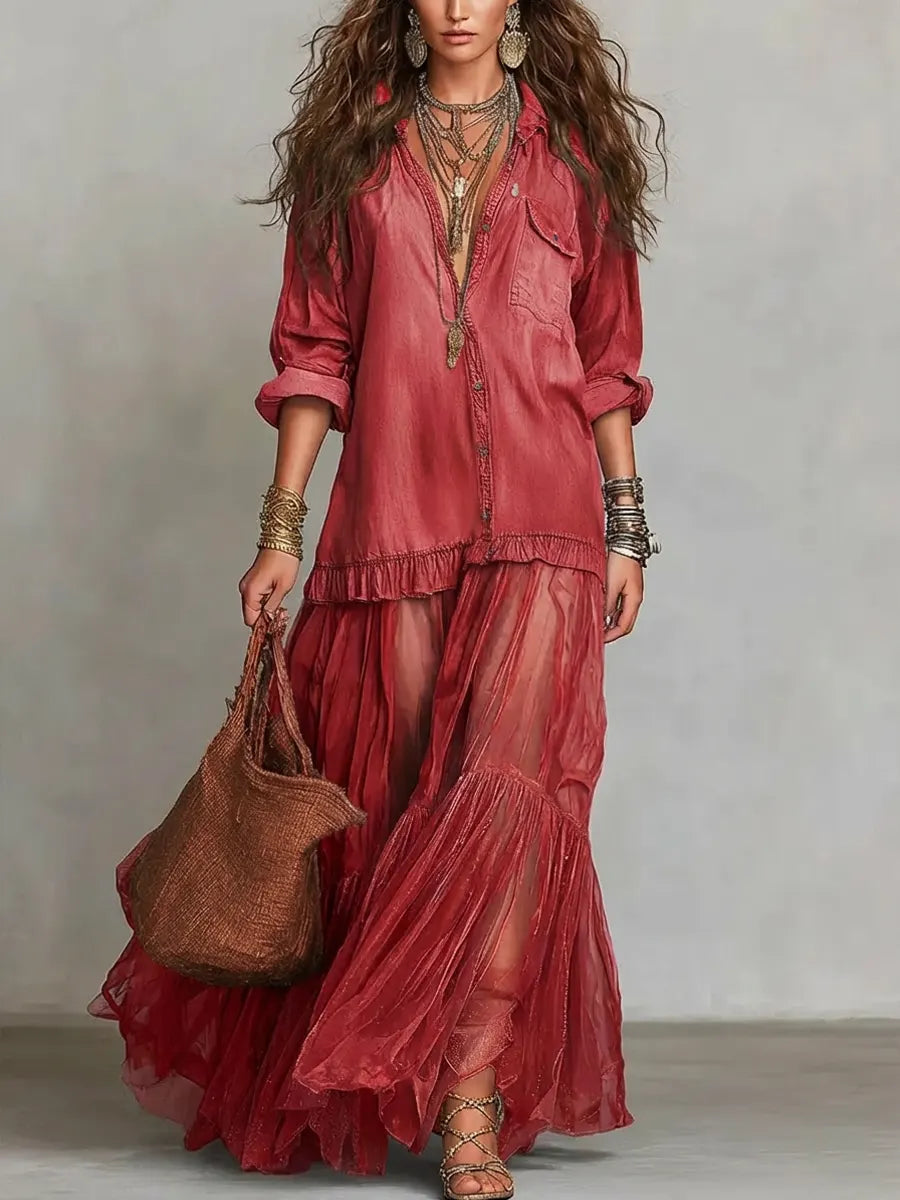 Abito lungo casual da donna in denim e organza con revers retrò e dettagli patchwork