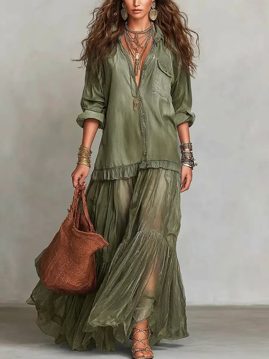 Abito lungo casual da donna in denim e organza con revers retrò e dettagli patchwork