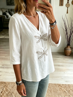 Comoda camicia in misto cotone e lino con stampa boho a libellule e scollo a V
