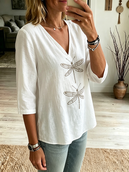 Comoda camicia in misto cotone e lino con stampa boho a libellule e scollo a V