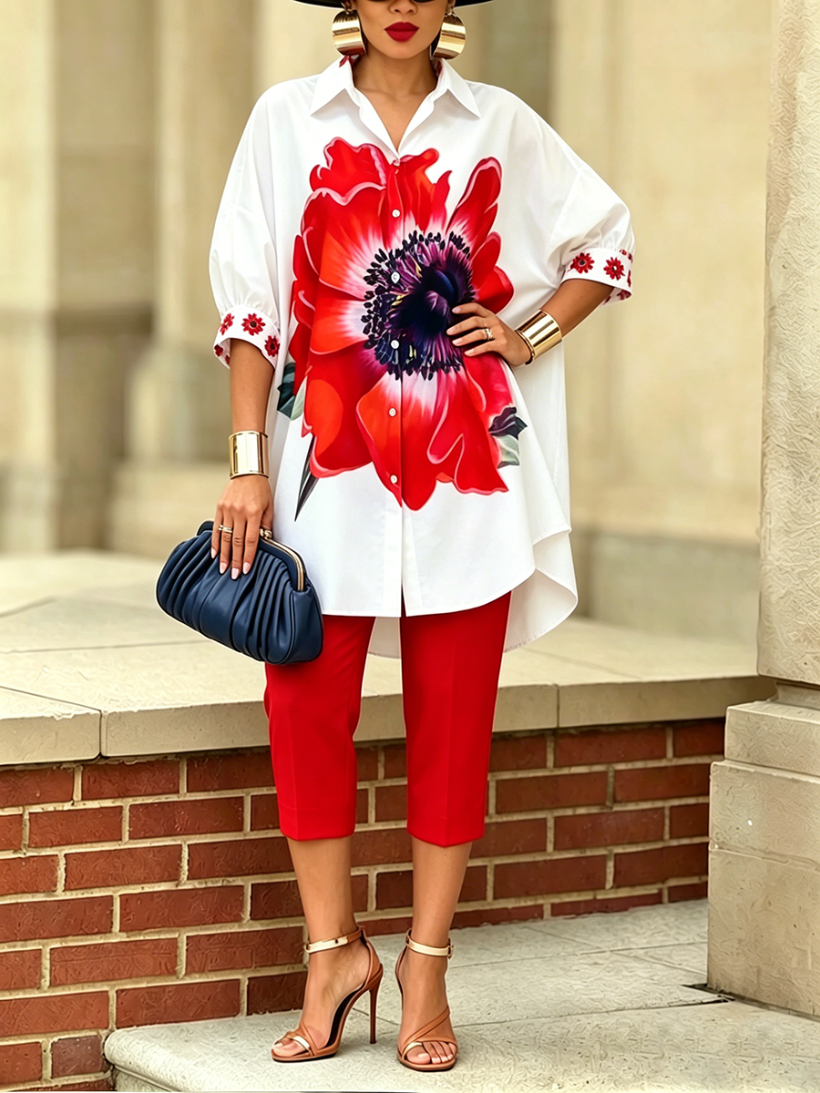 Set coordinato di camicia e pantaloni "Scarlet Bloom", elegante e di grande stile