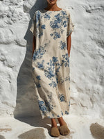 Abito lungo in cotone e lino con stampa floreale vintage