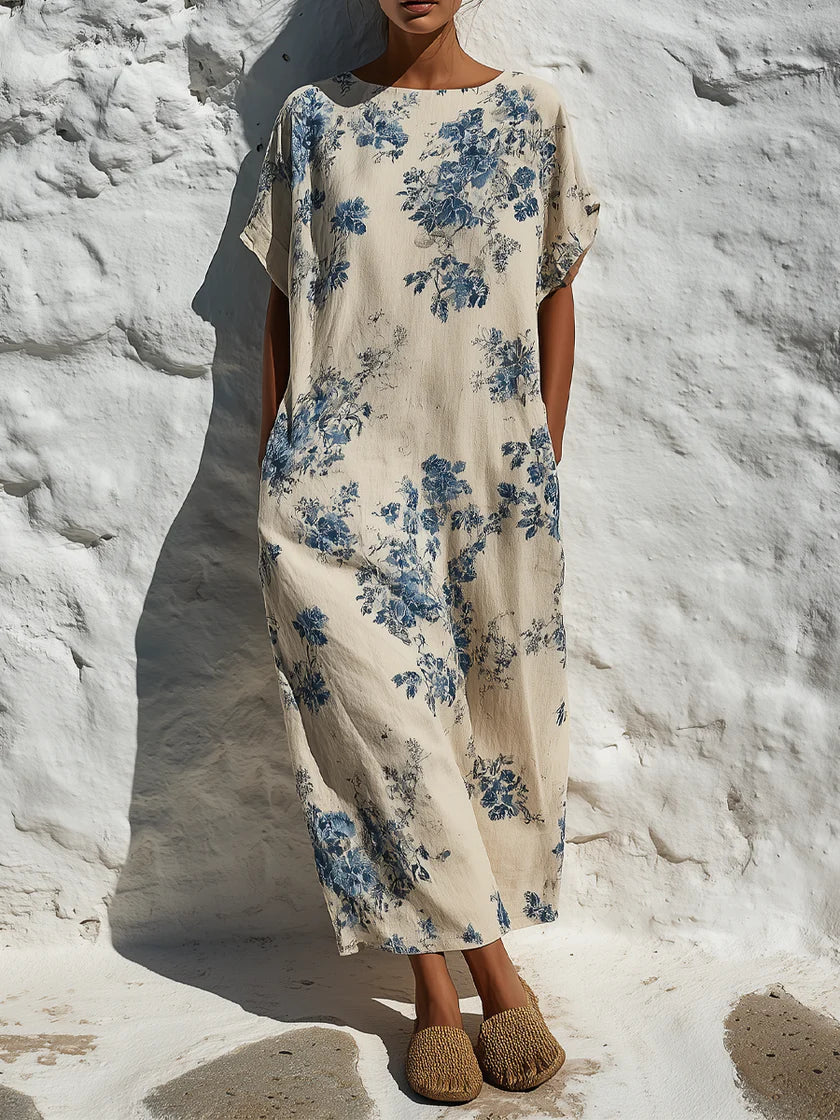 Abito lungo in cotone e lino con stampa floreale vintage