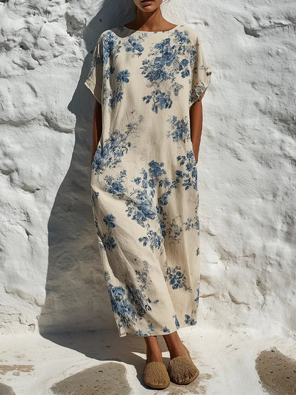Abito lungo in cotone e lino con stampa floreale vintage