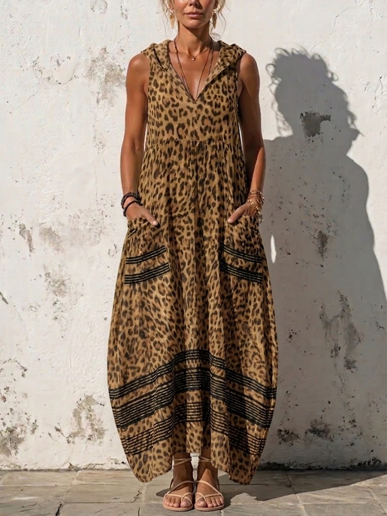 Elegante abito casual senza maniche con cappuccio e stampa leopardata