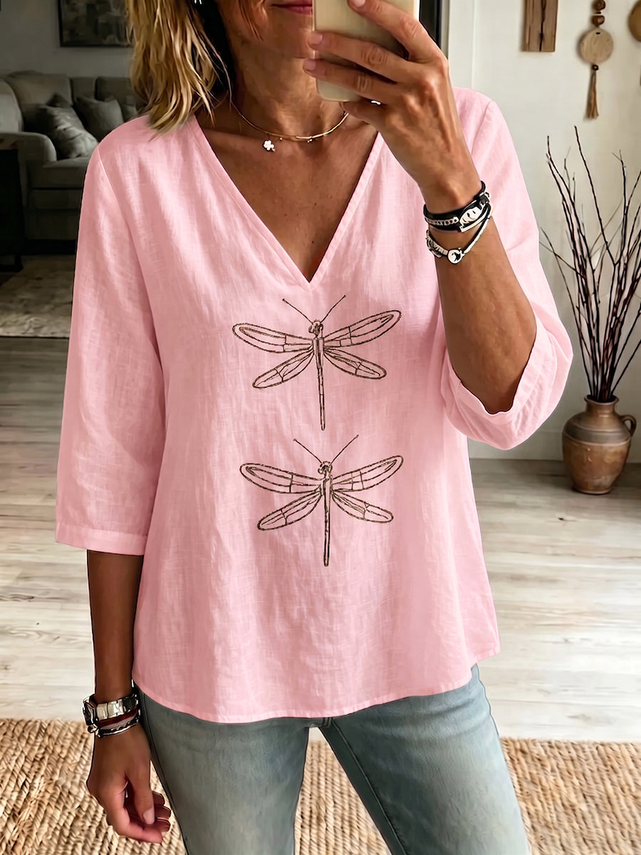 Comoda camicia in misto cotone e lino con stampa boho a libellule e scollo a V