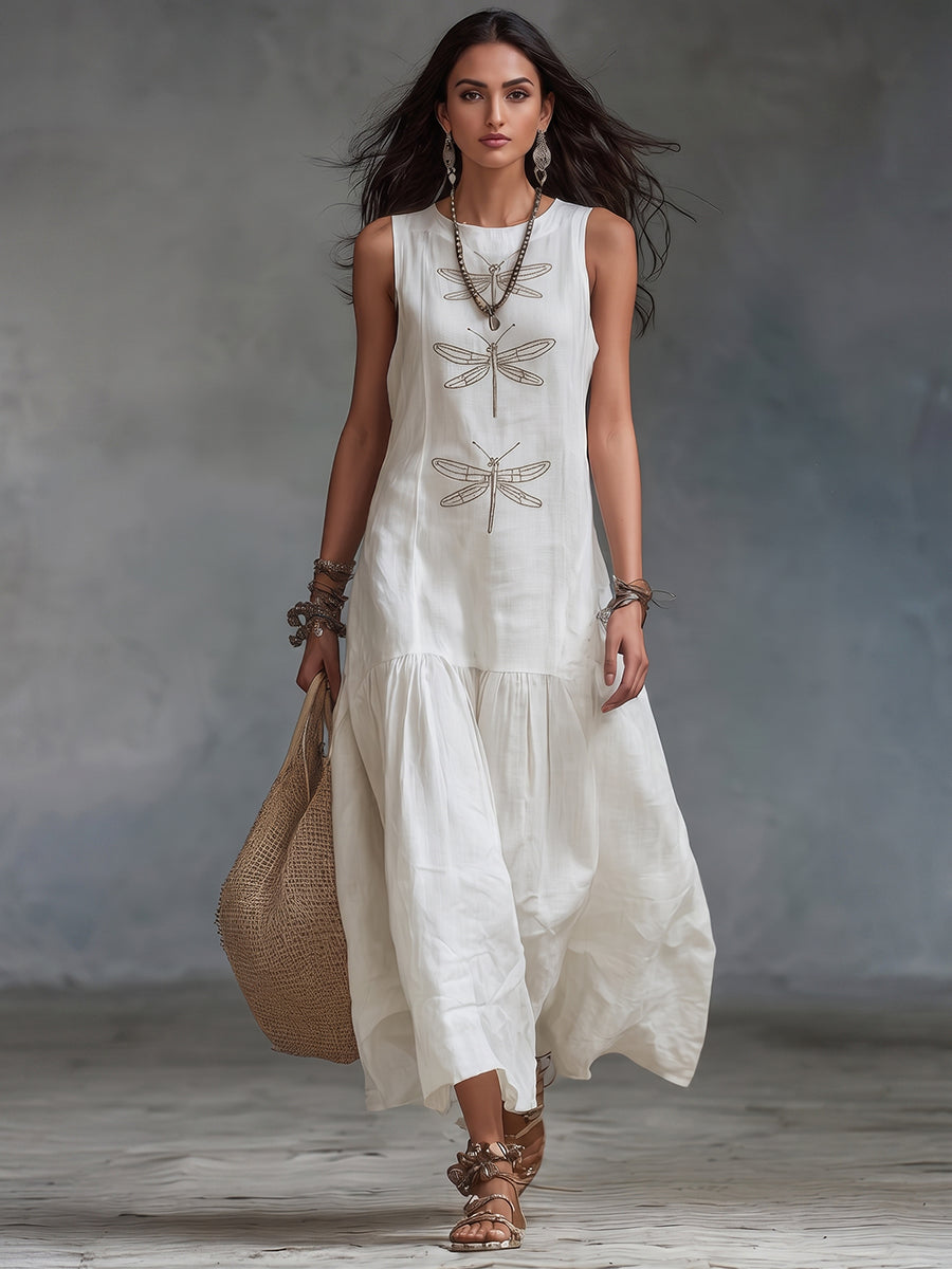 abito lungo in misto cotone e lino con stampa boho retrò a libellule