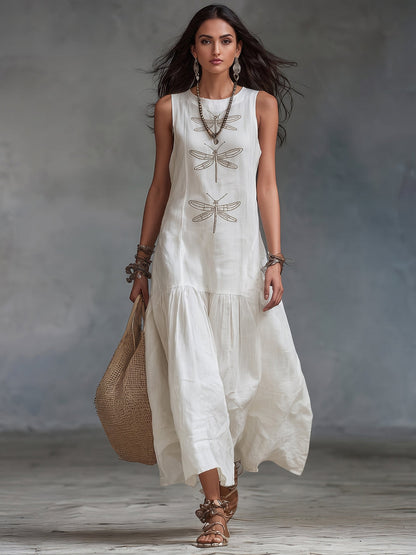 abito lungo in misto cotone e lino con stampa boho retrò a libellule