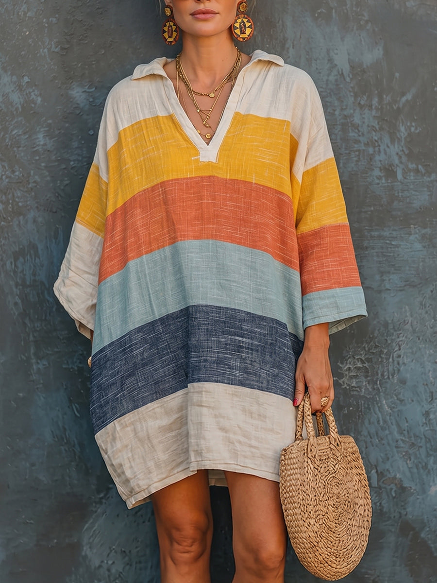 Comodo mini abito a righe colorate con colletto polo in cotone e lino