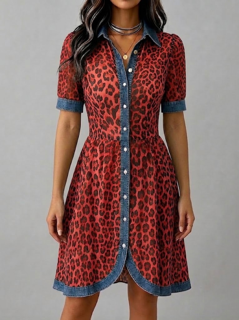 Elegante abito casual in chiffon con stampa leopardata e patchwork di denim