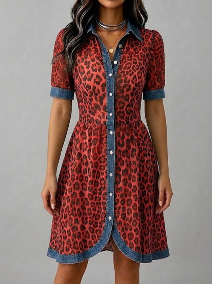 Elegante abito casual in chiffon con stampa leopardata e patchwork di denim