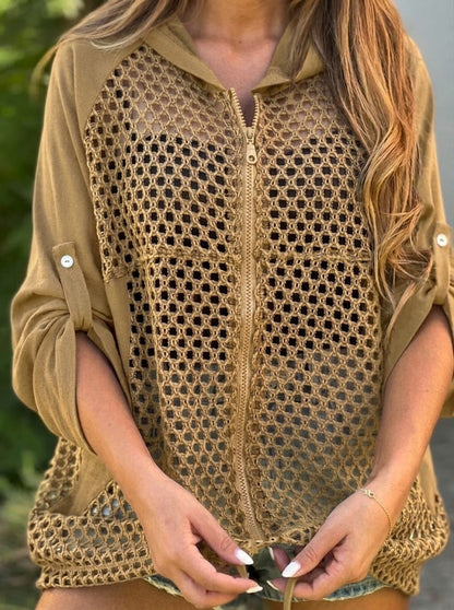 Giacca casual con cappuccio, zip e inserti traforati in misto lino e cotone
