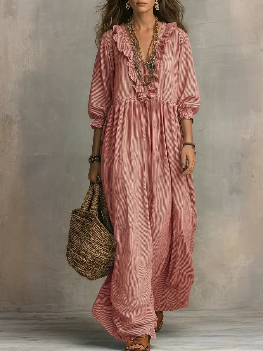Abito lungo casual ed elegante con stampa a righe e volant