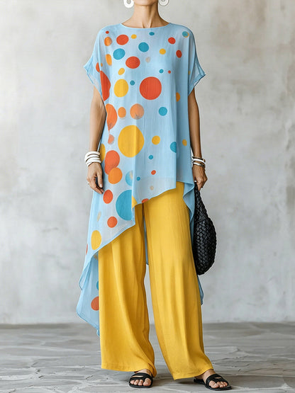 Completo 2 pezzi composto da top in chiffon a maniche corte e pantalone super elastico