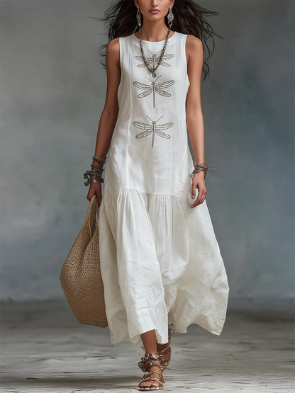 Abito lungo in cotone e lino con stampa libellula in stile boho retrò