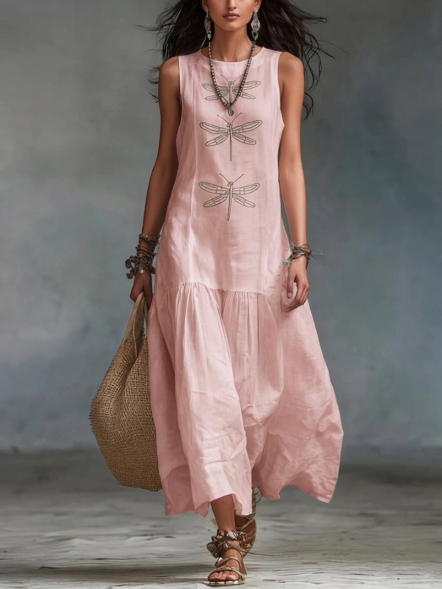 abito lungo in misto cotone e lino con stampa boho retrò a libellule