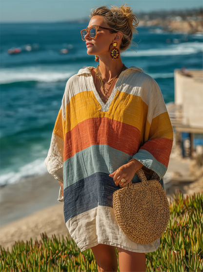 Comodo mini abito a righe colorate con colletto polo in cotone e lino