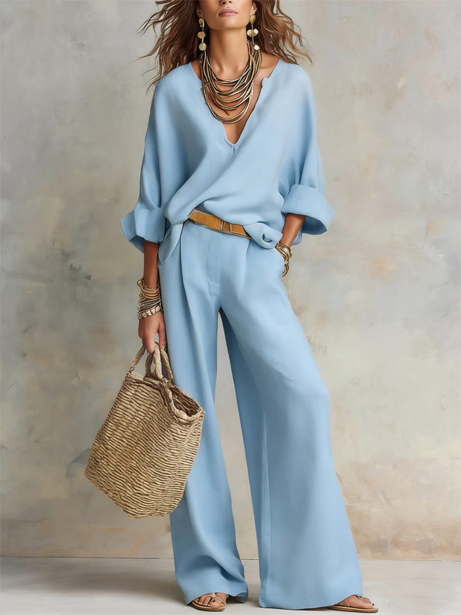 Confortevole completo a due pezzi in cotone e lino con scollo a V in stile minimalista