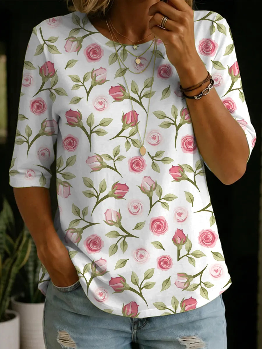 Camicia casual in cotone con stampa artistica a motivi floreali e collo rotondo