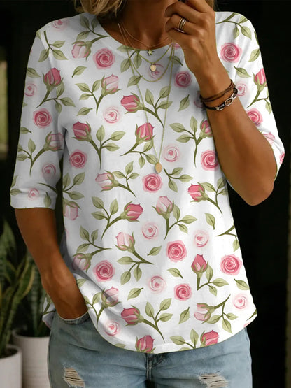 Camicia casual in cotone con stampa artistica a motivi floreali e collo rotondo