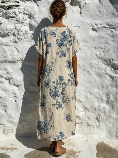 Abito lungo in cotone e lino con stampa floreale vintage