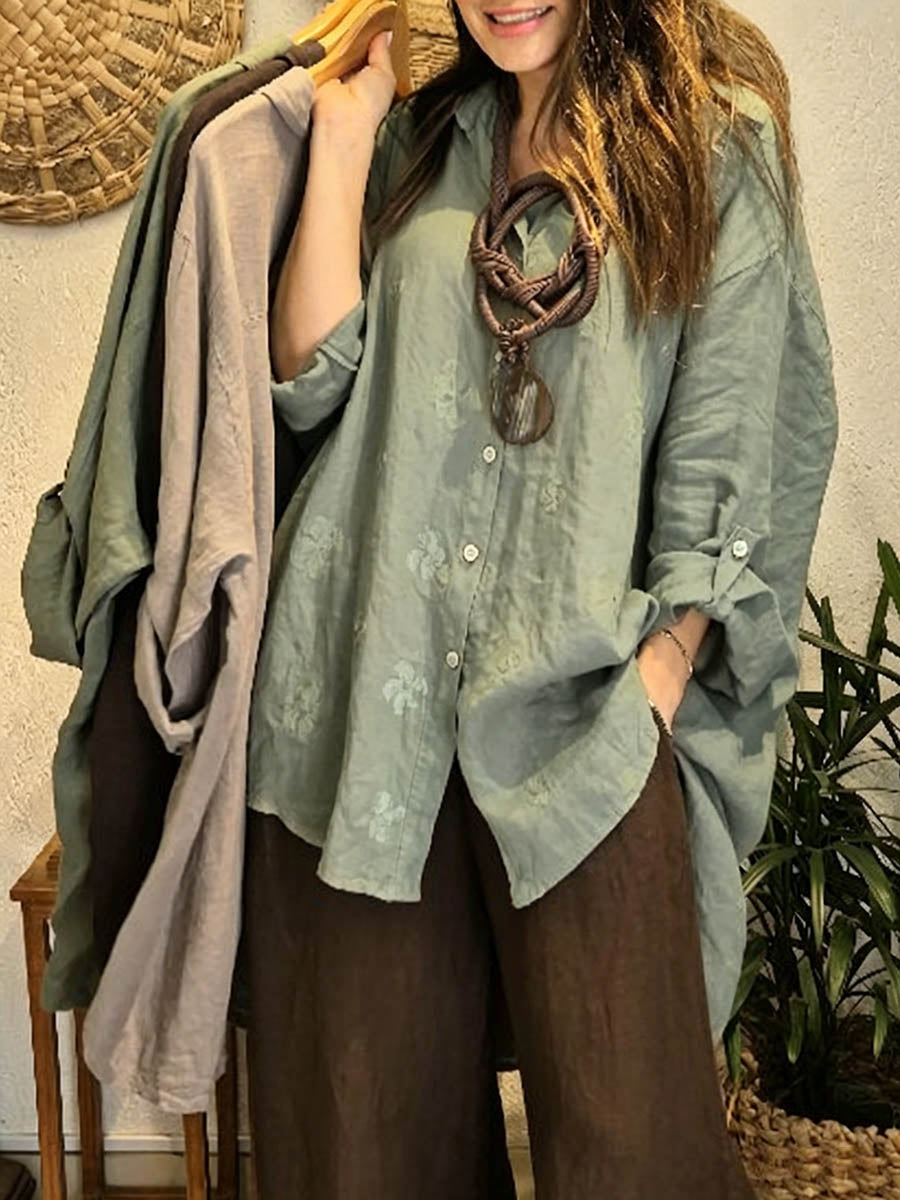 Camicia ampia in misto cotone e lino, con collo a camicia e maniche lunghe