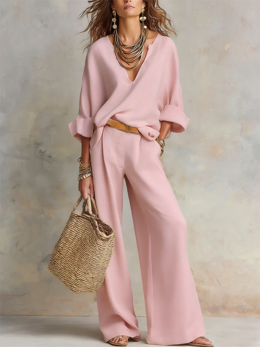 Confortevole completo a due pezzi in cotone e lino con scollo a V in stile minimalista