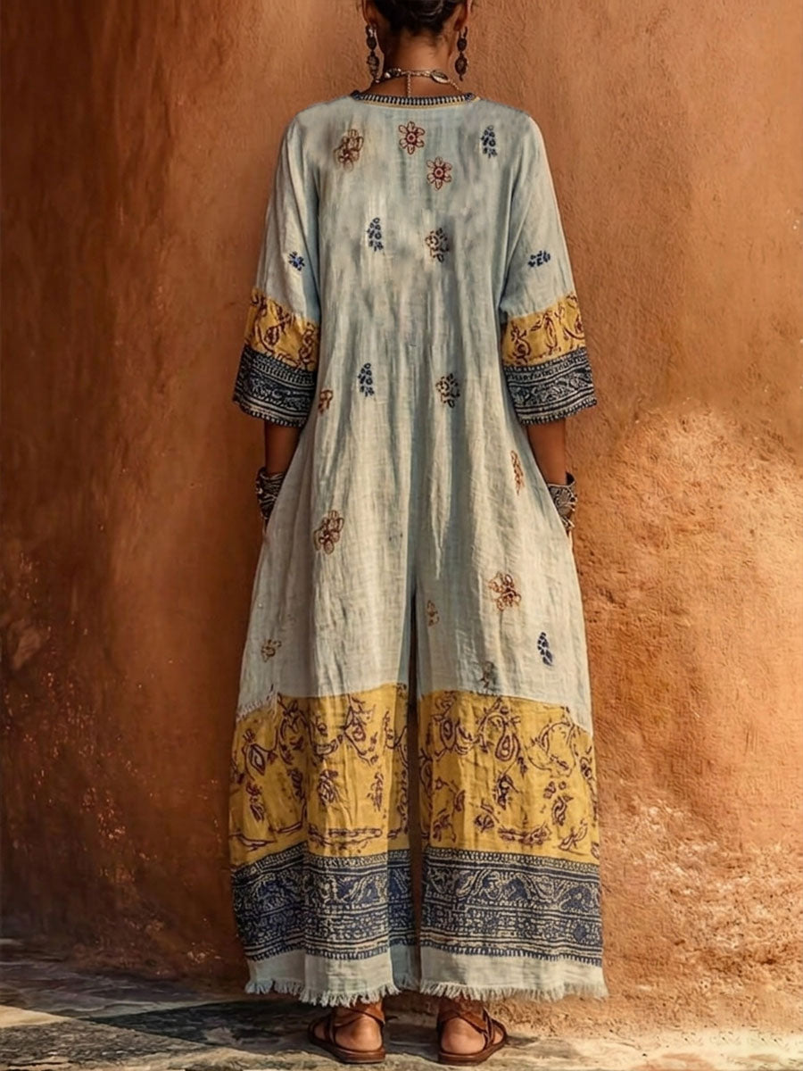Abito Sharm con scollo a V in misto cotone e lino con stampa retrò bohémien