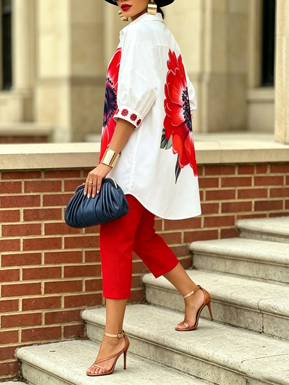 Set coordinato di camicia e pantaloni "Scarlet Bloom", elegante e di grande stile