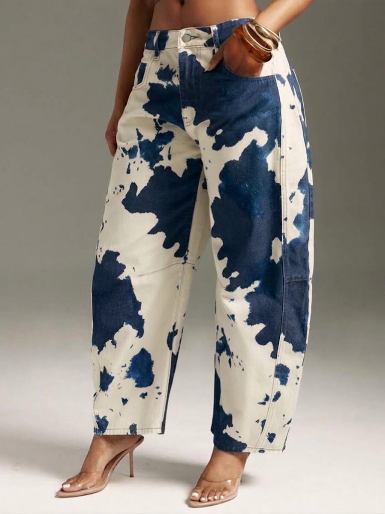 Jeans casual in cotone con stampa a mucca