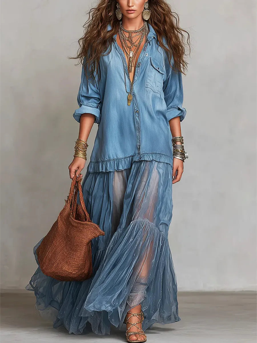 Abito lungo casual da donna in denim e organza con revers retrò e dettagli patchwork