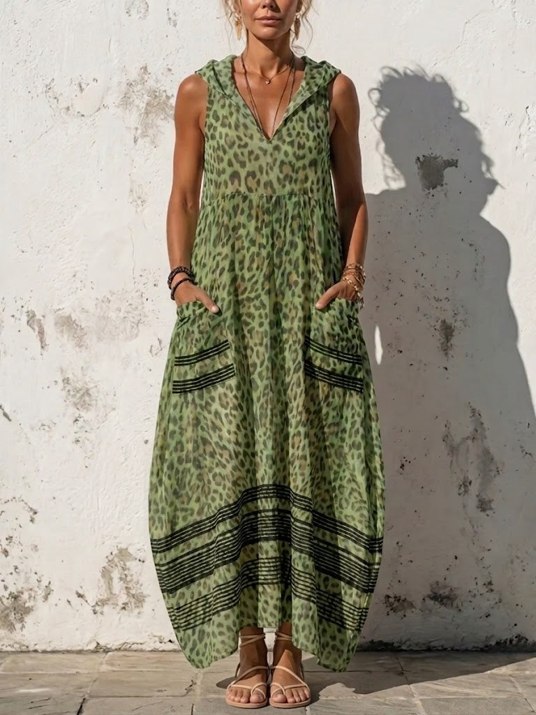 Elegante abito casual senza maniche con cappuccio e stampa leopardata