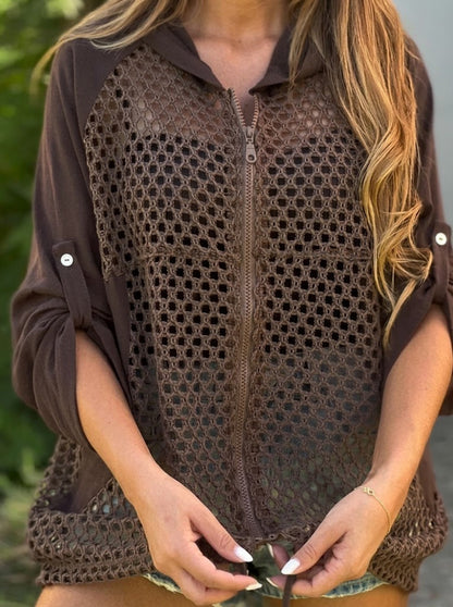 Giacca casual con cappuccio, zip e inserti traforati in misto lino e cotone