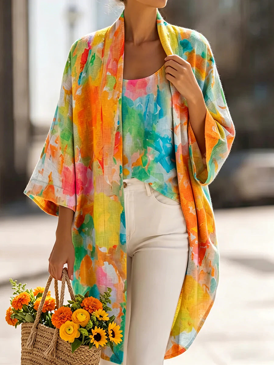 Set due pezzi composto da cardigan e gilet in cotone-lino con stampa artistica ad acquerello 💚🥰