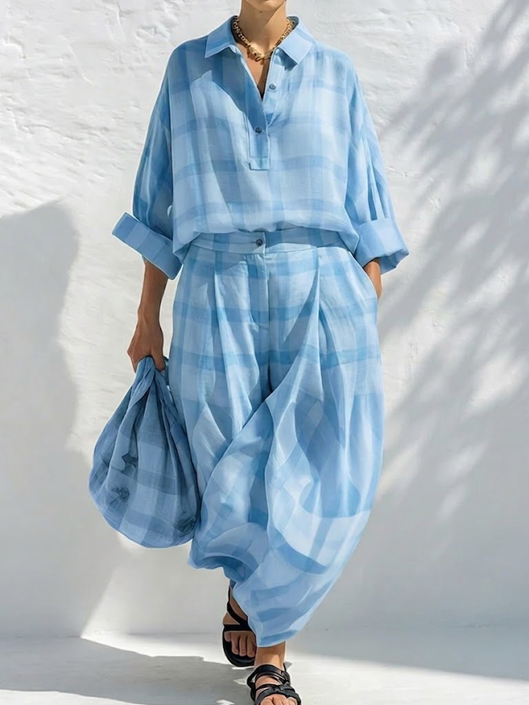 Completo casual a due pezzi in lino e cotone, composto da camicia a quadri e pantaloni a gamba larga.