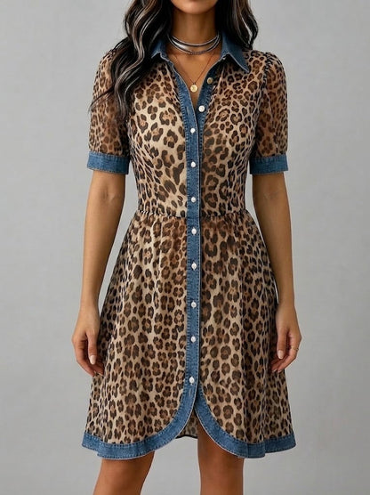 Elegante abito casual in chiffon con stampa leopardata e patchwork di denim