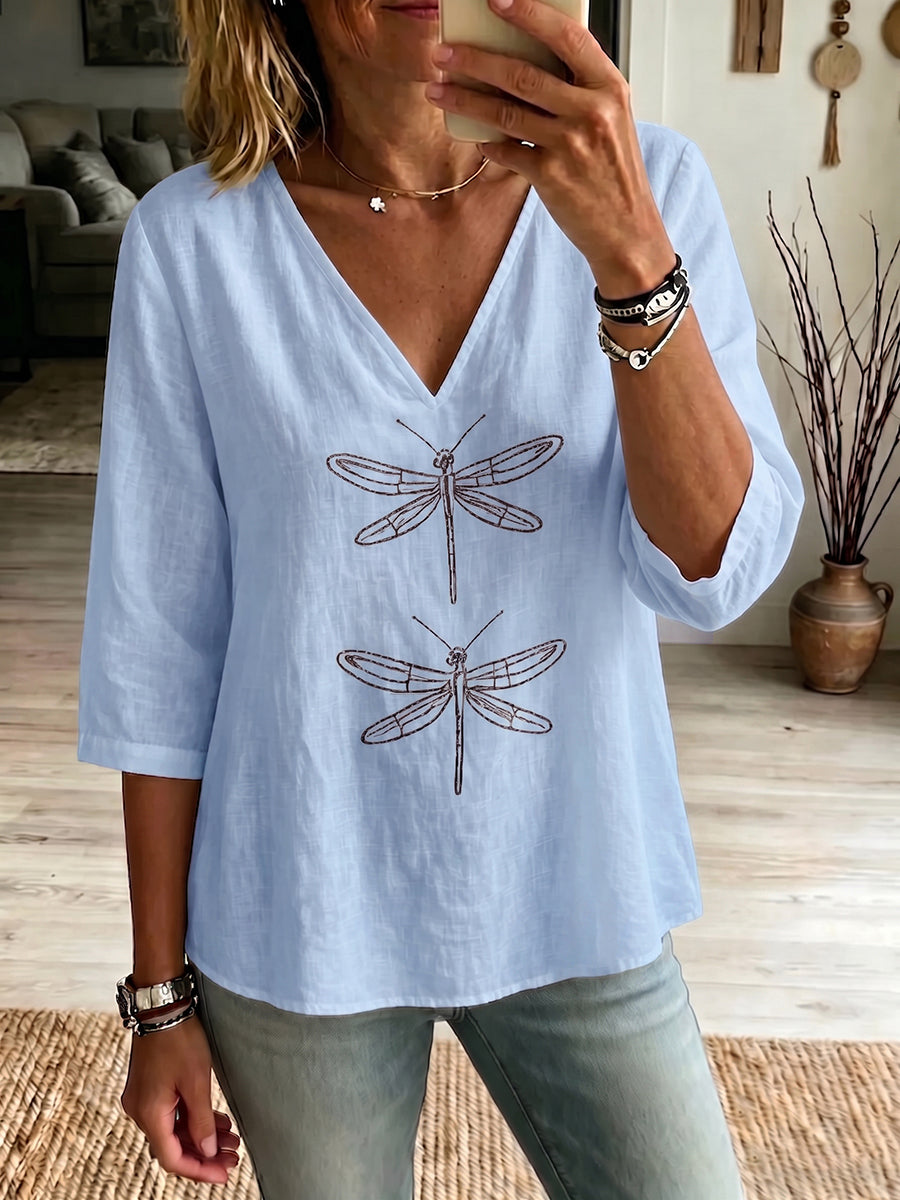 Comoda camicia in misto cotone e lino con stampa boho a libellule e scollo a V