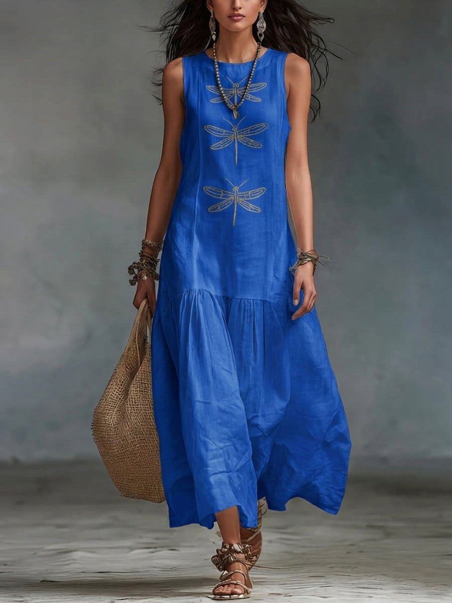 abito lungo in misto cotone e lino con stampa boho retrò a libellule