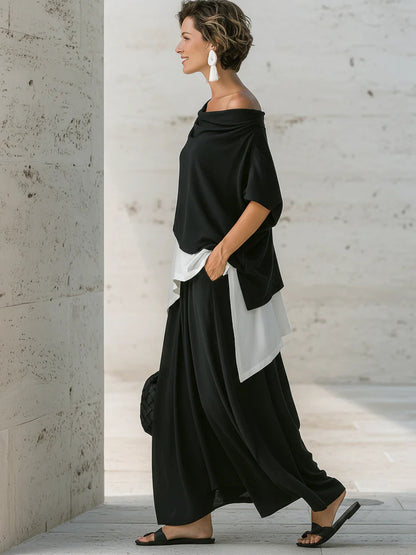 Completo casual ampio composto da top e gonna in lino e cotone.